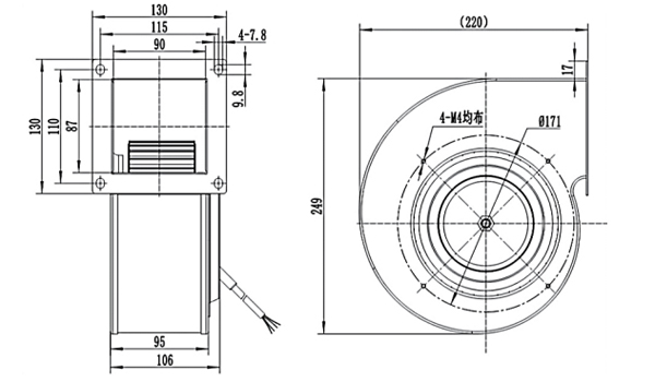 Dimension of DG160B-D092A Forward Curved Single Inlet Φ 160-62
