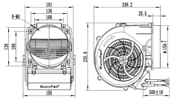 Dimension of SF146B-E092B3-02 Forward Curved Double Inlet Φ 146-150