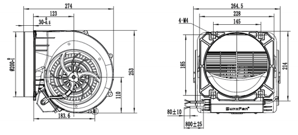 Dimension of SF160D-E092B3 Forward Curved Double Inlet Φ 160-200