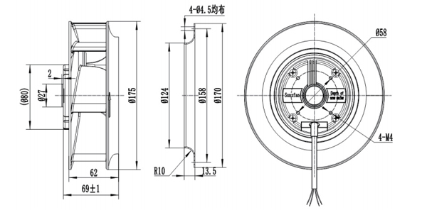 Dimension of BC175B-E072B3 Backward Curved Fan 2 Speeds Stages Φ 175