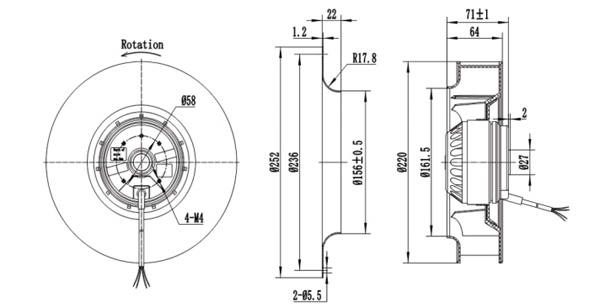 Dimension of BC220A-A092C2 Backward Curved Fan Φ 220-62