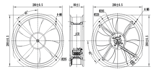 Dimension of AG250A-D092A Axial Fan 280-80A